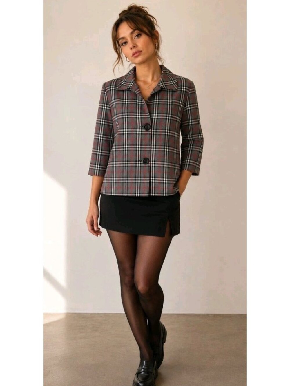 Vtg 80s Studio Works Plaid Blazer Cropped Academia Preppy School Career Size PM